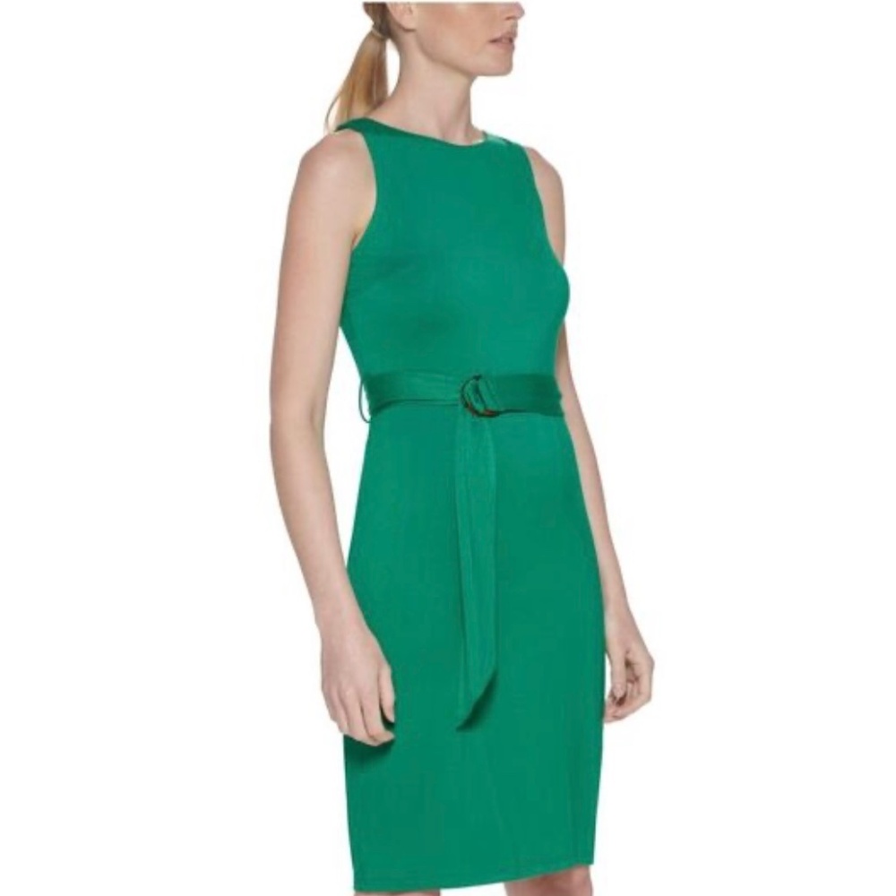 CALVIN KLEIN Womens Green Belted Unlined Sleeveless Sheath Dress 4